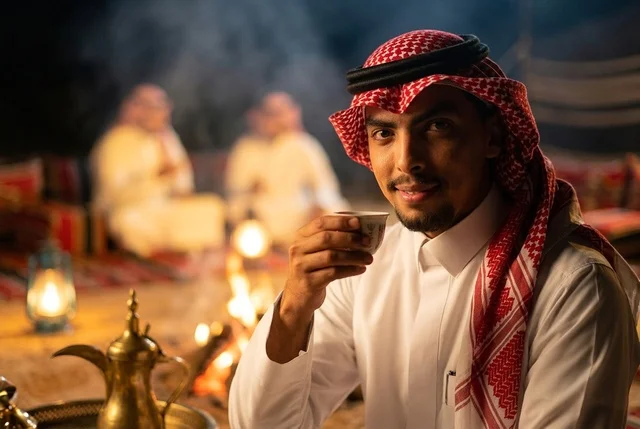 رجل سعودي يشرب القهوة العربية في مخيم صحراوي