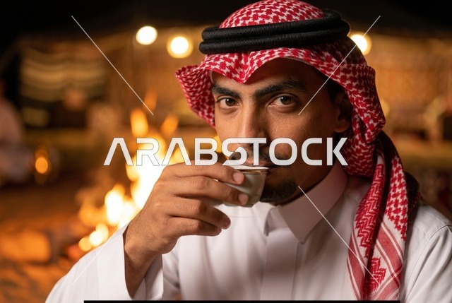 رجل سعودي يشرب القهوة العربية بجانب شبة النار