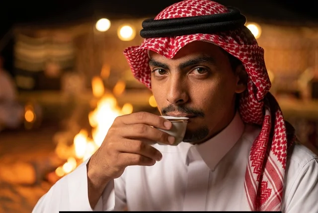 رجل سعودي يشرب القهوة العربية بجانب شبة النار