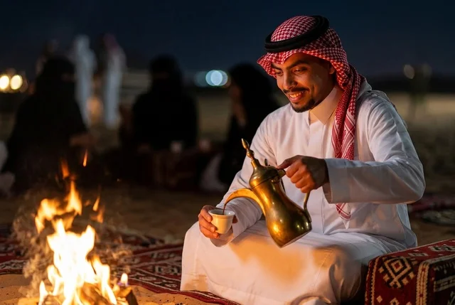 رجل سعودي يصب القهوة العربية في مخيم صحراوي بالليل