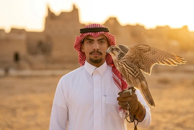 Saudi Arabian Man with Falcon at Desert Sunset Ruins