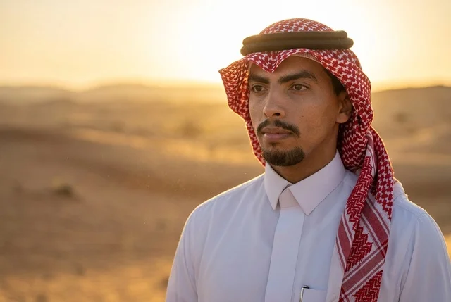 Saudi Man in Traditional Shemagh at Desert Sunset