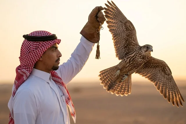 رجل سعودي يدرب صقره في الصحراء عند الغروب