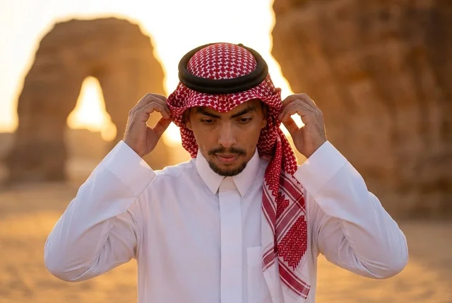 Saudi Man in Traditional Dress at AlUla Desert Sunset