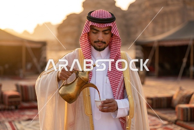 رجل سعودي يصب القهوة العربية في مخيم صحراوي