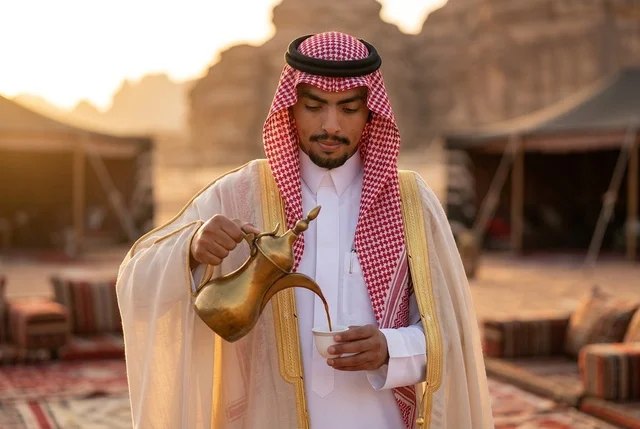 رجل سعودي يصب القهوة العربية في مخيم صحراوي