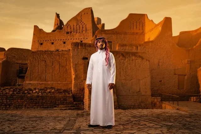 رجل سعودي بالزي التقليدي في آثار الدرعية التاريخية