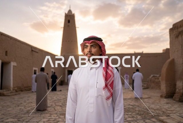 رجل سعودي في موقع تراثي طيني تاريخي وقت الغروب