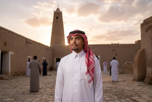 رجل سعودي في موقع تراثي طيني تاريخي وقت الغروب