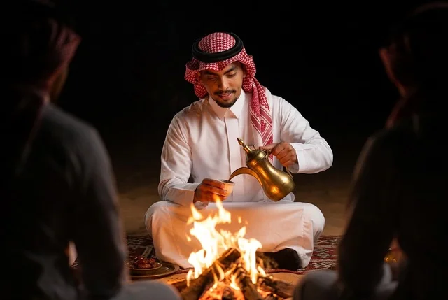 Saudi Man Pouring Arabic Coffee by Campfire at Night