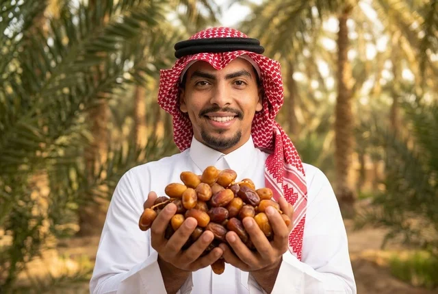 مواطن سعودي يحمل تمراً طازجاً في مزرعة النخيل