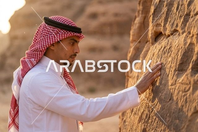 رجل سعودي يتأمل النقوش التاريخية الأثرية في الصحراء
