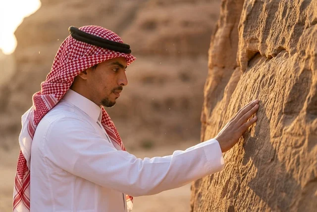 رجل سعودي يتأمل النقوش التاريخية الأثرية في الصحراء