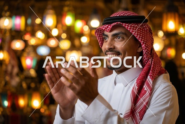 رجل سعودي مبتسم يصفق أمام فوانيس رمضان المضيئة الدافئة