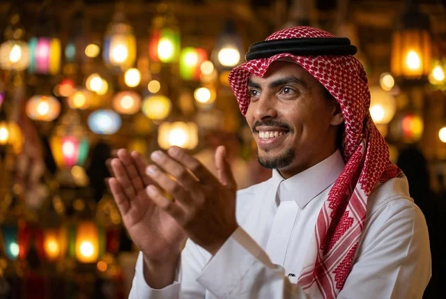 رجل سعودي مبتسم يصفق أمام فوانيس رمضان المضيئة الدافئة