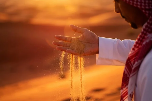 رجل سعودي يسكب الرمل في الصحراء وقت الغروب