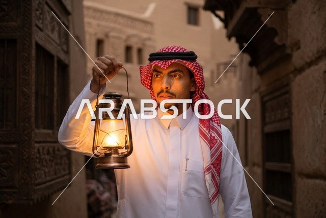 رجل سعودي يحمل فانوس تراثي مضيء في قرية تاريخية قديمة