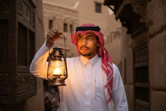 رجل سعودي يحمل فانوس تراثي مضيء في قرية تاريخية قديمة