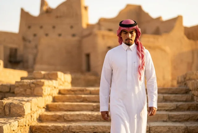 رجل سعودي بالزي التقليدي يمشي في موقع تراثي طيني