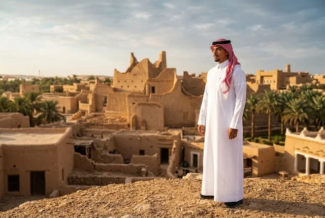 رجل سعودي بالزي التقليدي في قرية الدرعية التاريخية بالرياض