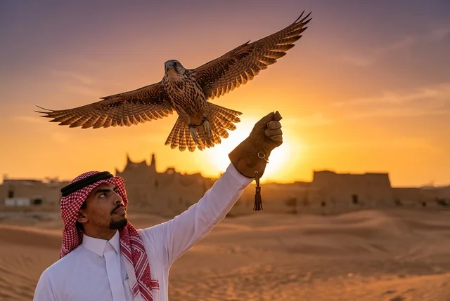 رجل سعودي يحمل صقراً طائراً في الصحراء وقت الغروب