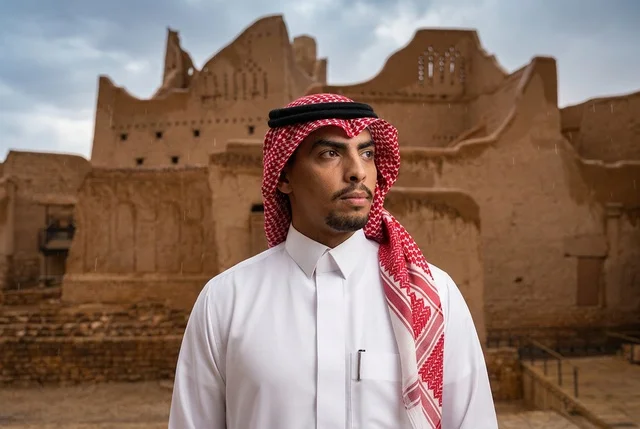 رجل سعودي بالزي التقليدي في أطلال الدرعية التاريخية