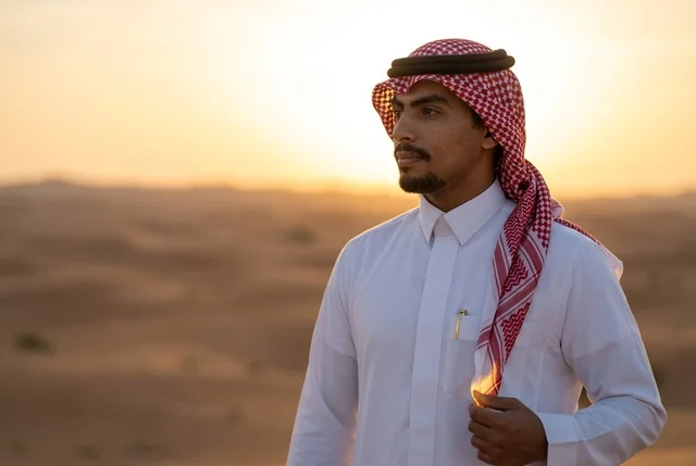 بورتريه رجل سعودي بالزي التقليدي في الصحراء وقت الغروب