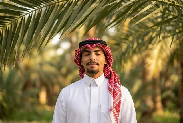 Saudi Man in Traditional Thobe Meditating in Palm Grove