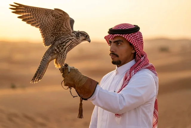 Saudi Man Holding Falcon in Desert at Golden Hour