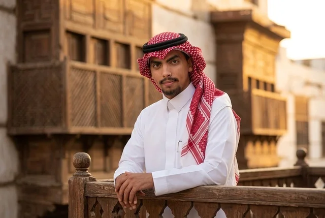 رجل سعودي بالزي التقليدي على شرفة تاريخية في جدة