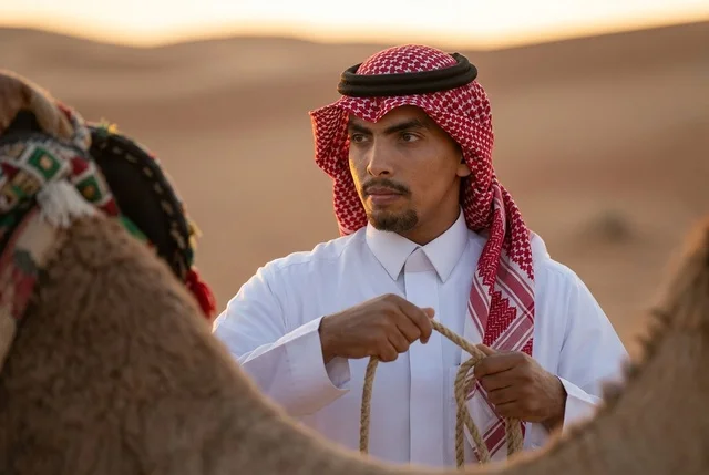 رجل سعودي بالزي التقليدي يمسك جمل في الصحراء وقت الغروب