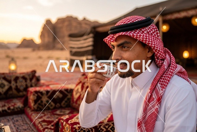 رجل عربي يشرب القهوة في مخيم صحراوي وقت الغروب