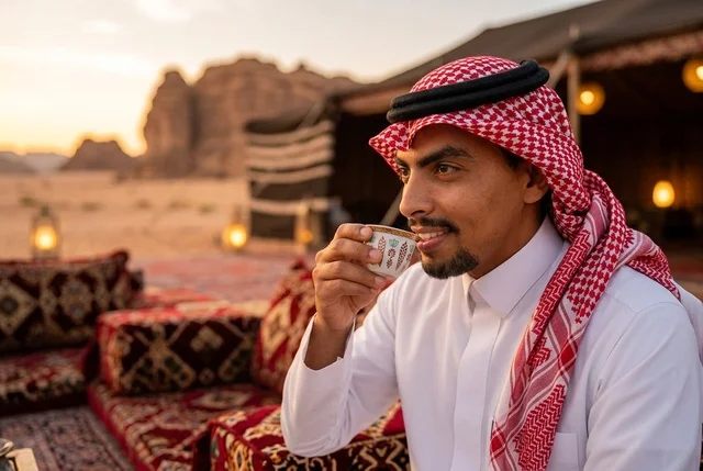 رجل عربي يشرب القهوة في مخيم صحراوي وقت الغروب