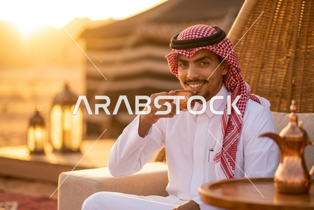 رجل سعودي يشرب القهوة العربية في المخيم وقت الغروب