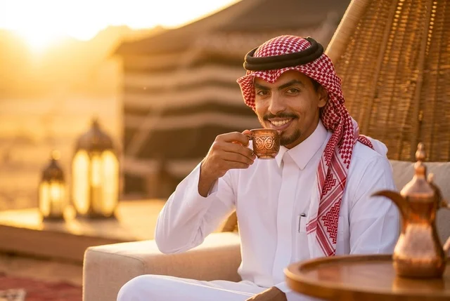 رجل سعودي يشرب القهوة العربية في المخيم وقت الغروب