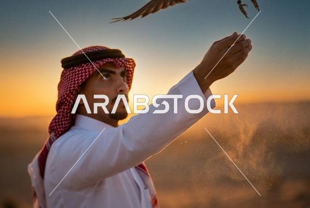 رجل سعودي يدرب صقر في الصحراء وقت غروب الشمس