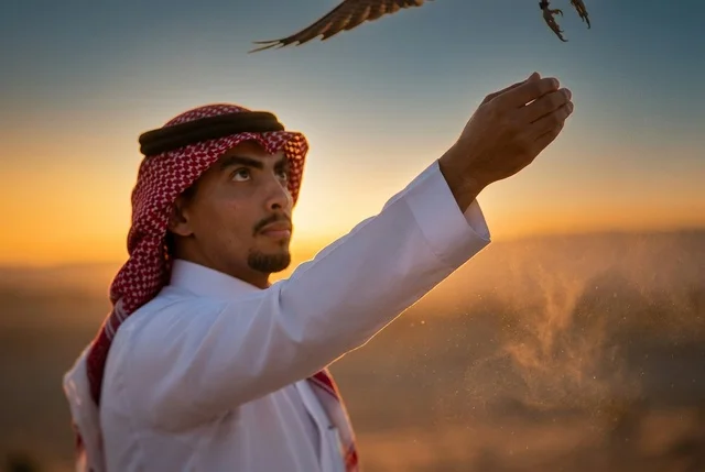 Saudi Falconer Training Falcon in Desert at Sunset