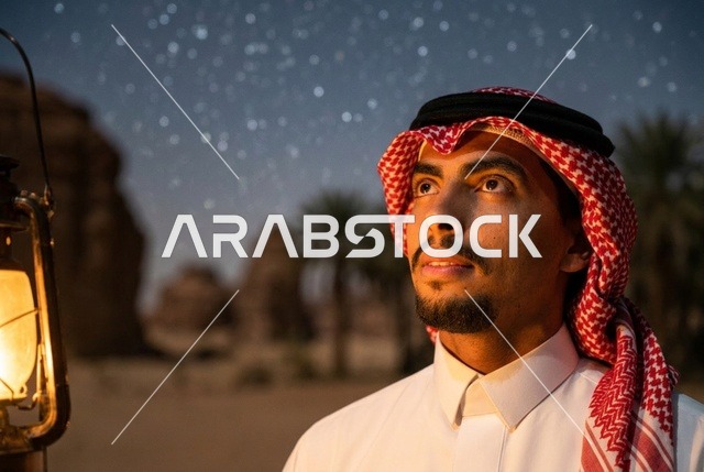 رجل سعودي بالزي التقليدي في الصحراء تحت النجوم ليلا