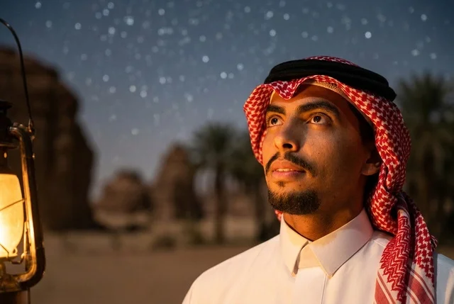 Saudi Man in Desert with Lantern under Starry Night