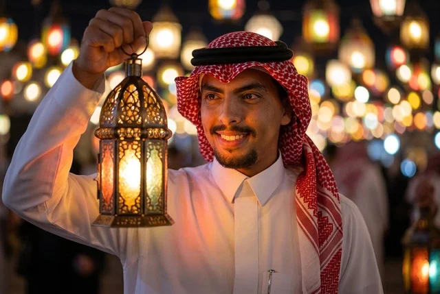 Saudi Man Holding Traditional Ramadan Lantern at Night