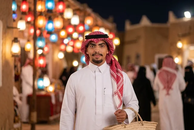 رجل سعودي بالزي التقليدي في سوق تراثي مع فوانيس ملونة
