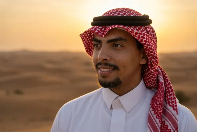 رجل سعودي بالزي التقليدي في الصحراء وقت الغروب