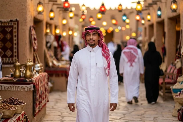 رجل سعودي بالثوب والشماغ في سوق تراثي