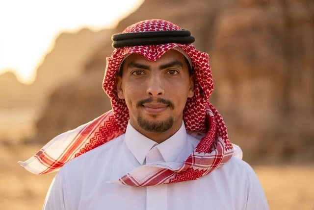 رجل سعودي بالزي التقليدي في الصحراء عند غروب الشمس