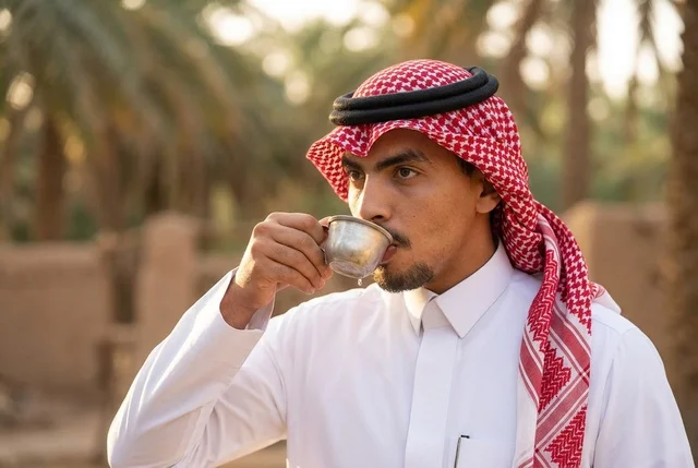 Saudi Man in Traditional Attire Drinking Arabic Coffee
