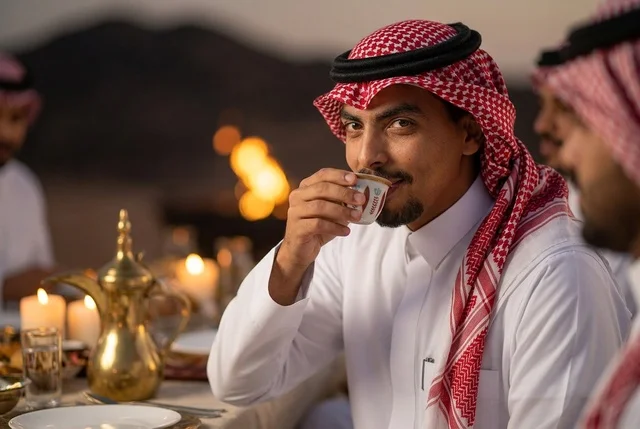 رجل سعودي يشرب القهوة العربية على مائدة عشاء صحراوية