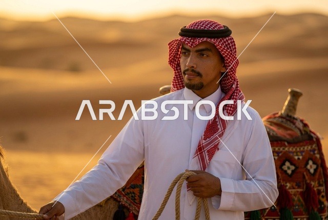 رجل سعودي مع جمل في الكثبان الرملية وقت الغروب