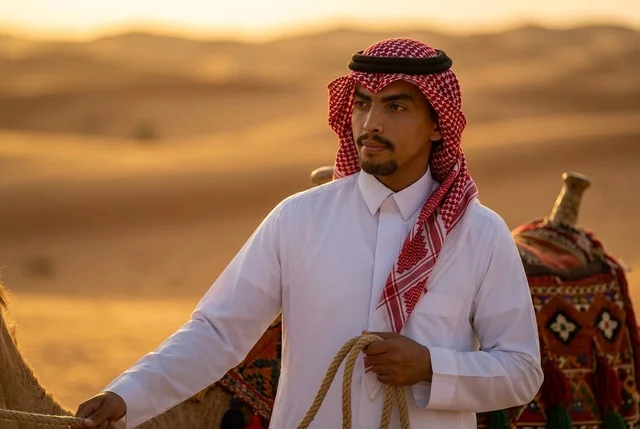 رجل سعودي مع جمل في الكثبان الرملية وقت الغروب