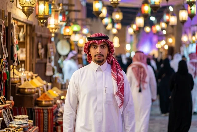 رجل سعودي بالزي التقليدي في سوق تراثي