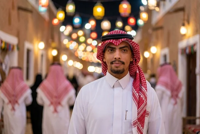 رجل سعودي بالزي التقليدي في سوق تراثي ليلا